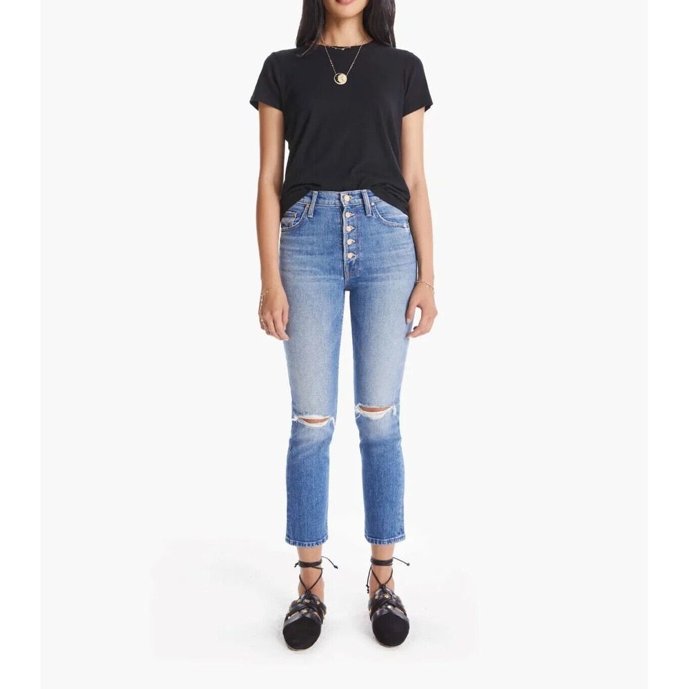 MOTHER Pixie Tomcat Exposed Button Fly Straight Crop Jeans Not Cut & Pasted 28
